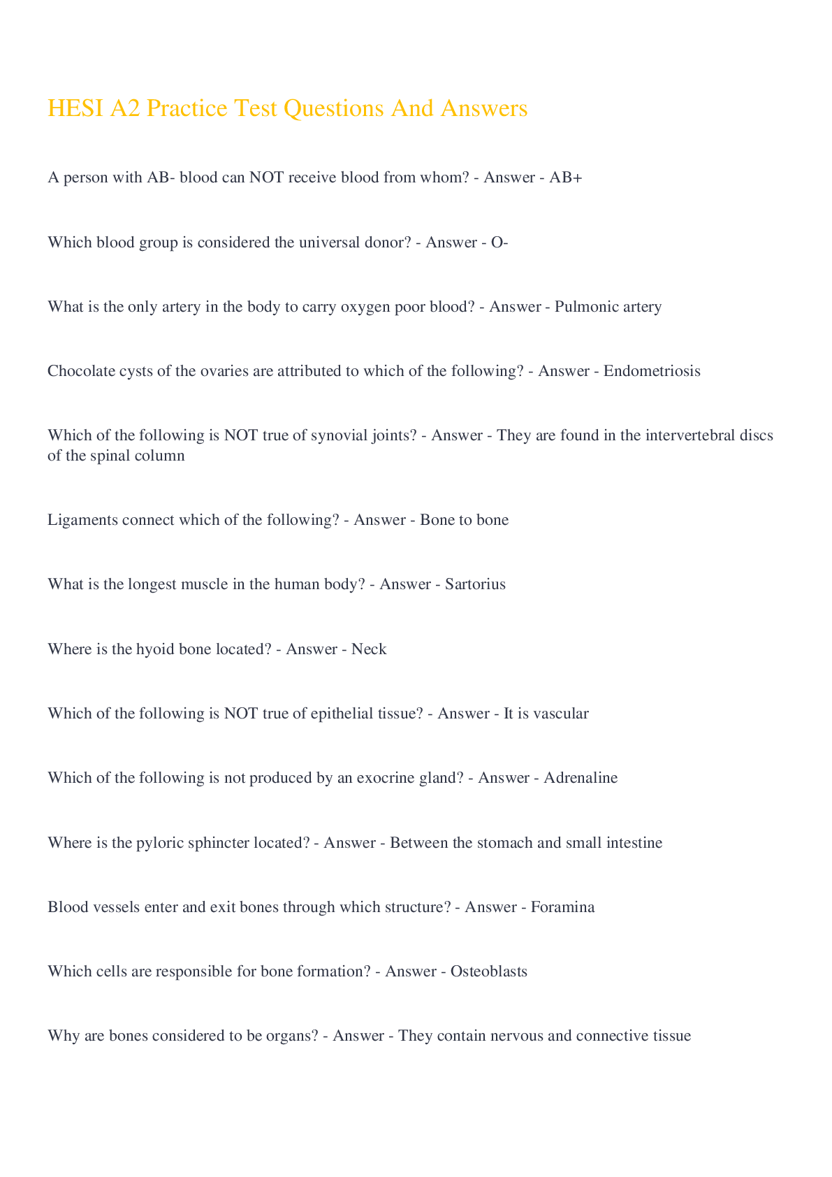 Preview of HESI A2 Practice Test Questions And Answers 2022/2023